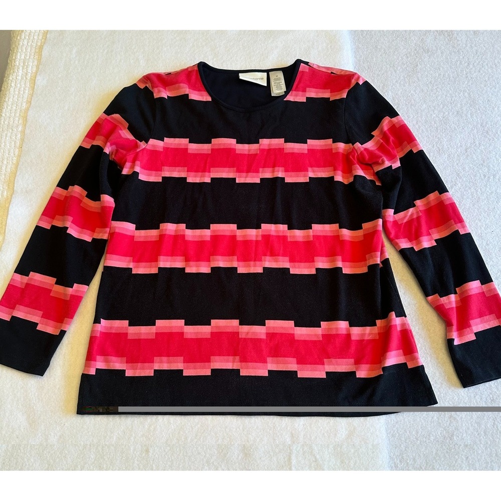 Liz Claiborne Lizsport Geometric Top Womens Pink Black Size M Stripe Long Sleeve